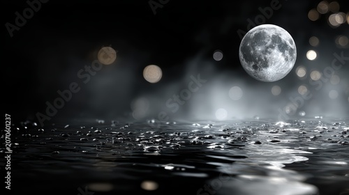 Full Moon Over Water: A radiant full moon hangs suspended in a dark, misty night sky, casting an ethereal glow over a glistening water surface dotted with raindrops and soft bokeh lights.