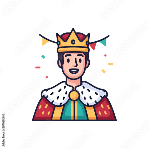 A cheerful young man wearing a golden crown and royal robes for a celebration