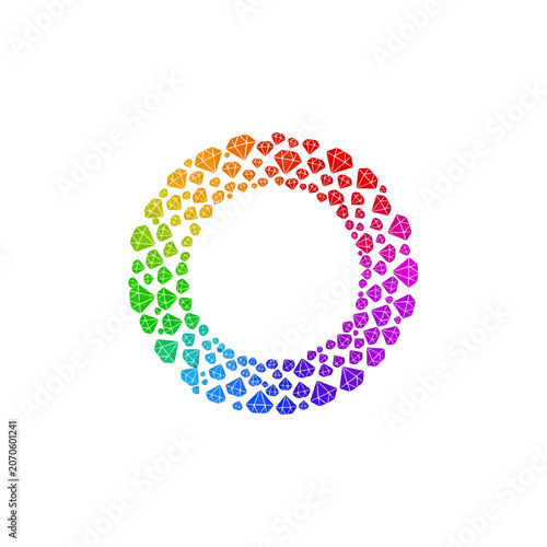 A circular arrangement of colorful gemstone shapes on a white background
