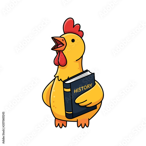 A cute yellow chicken holding a dark book about past events