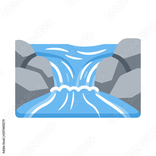 A stylized illustration of a flowing waterfall between two large grey rocks