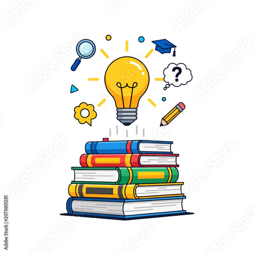 A glowing light bulb floating above a stack of colorful hardcover books