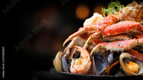 Sumptuous Seafood Platter: A close-up shot showcases a delectable assortment of fresh seafood, including succulent crab legs, plump shrimp, and briny mussels.