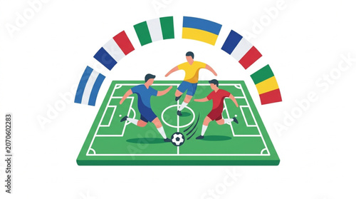 Fotografie Soccer players compete on a field with flags from different nations