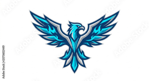 Foto Stylized Blue Phoenix Bird Emblem with Wings Spread.
