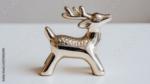Golden Reindeer Figurine: A shiny, golden reindeer figurine with detailed antlers stands elegantly on a white surface, evoking holiday cheer and festive spirit.