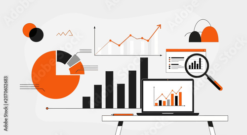Business data analysis in modern office with orange and black graphs for finance and marketing