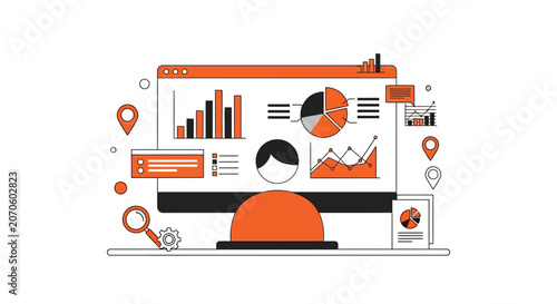 Infographic on laptop screen in orange and black flat design for business analytics