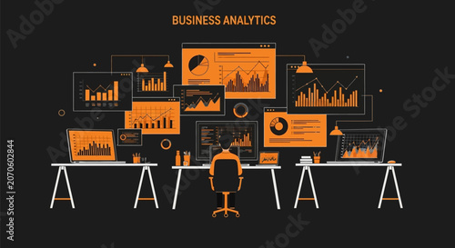 Business analytics workspace with orange graphs and charts on black background in futuristic neon lighting for corporate finance