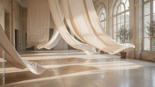 Ethereal interior with flowing white fabric and natural light through large windows in a modern art gallery or event space with potted plants