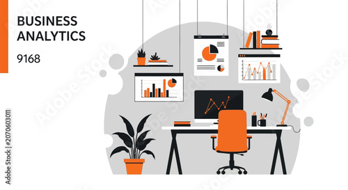 Business analytics office workspace with orange chair and plant in modern minimalist style with white and orange color scheme in bright lighting for corporate branding