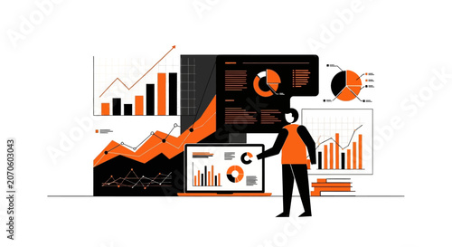 Businessman presenting data analysis in orange and black infographic for finance report