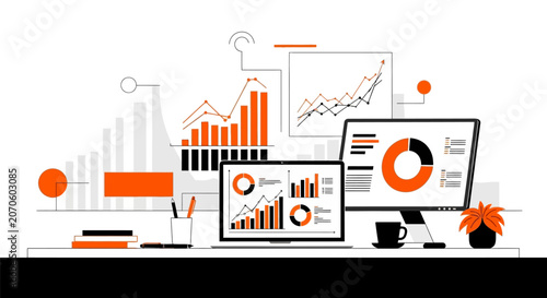 Business data analysis workspace with orange and black graphs on multiple screens in modern office setting for finance and statistics