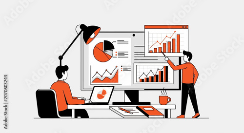 Business data analysis in modern office with orange and black color scheme in flat design for finance and statistics