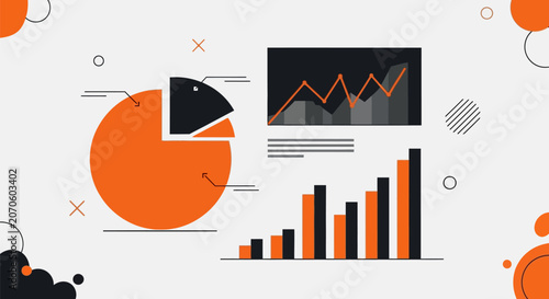 Infographic charts and graphs in orange and black on white background for business presentation