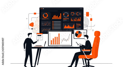 Business people analyzing data in modern office with orange and black color scheme in flat design for business presentation