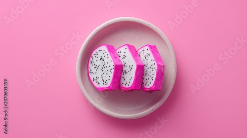 Dragon Fruit Slices in Bowl: Three vibrant slices of dragon fruit, showcasing their distinctive white flesh speckled with black seeds and bright pink skin.