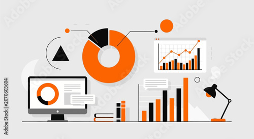 Business data analysis in modern office with orange and black graphs on computer screen and paper for finance and statistics