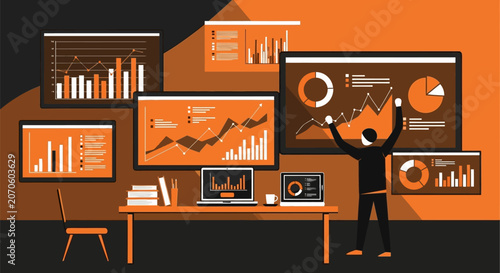 Businessman analyzing data charts and graphs in modern orange and black office for finance and marketing