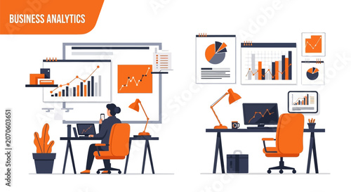 Business analytics workspace with orange accents in modern minimalist style with white background for office branding