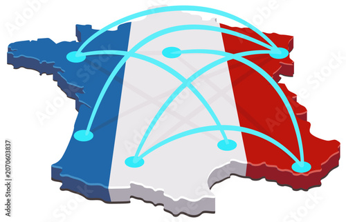 3D isometric vector of a France map with national flag texture and dense, non-centralized mesh network of cyan lines connecting regional points or cities (cut out)