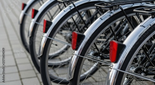 Row of Modern Bicycles Parked on City Street with Focus on Chrome Fend