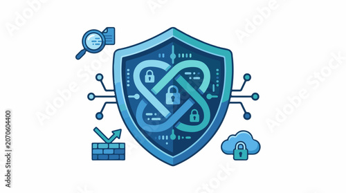 Graphic illustration of a shield with locks and security symbols