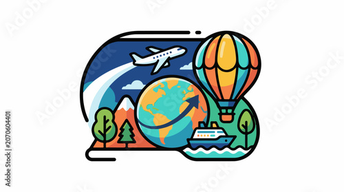 Colorful travel illustration with globe, plane, hot air balloon, and cruise ship