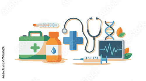 Colorful medical illustration of health care and medical elements on white background