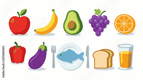 Colorful illustrations of various healthy foods and utensils