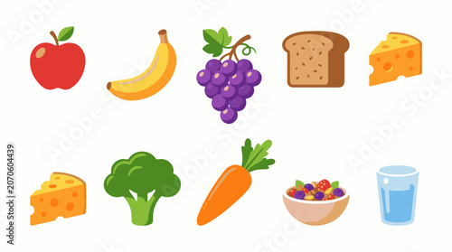 Colorful illustrations of various healthy food items and a glass of water