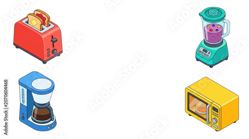 Isometric kitchen appliances set, colorful 3D household electronics collection, red toaster and blue coffee maker, yellow microwave and teal blender isolated PNG with Transparent Background