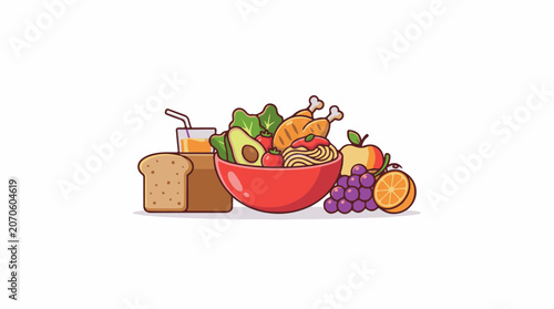 A colorful illustration of a nutritious meal consisting of a bowl of noodles with vegetables and chicken, accompanied by fruits, bread, and a drink