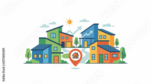 Colorful houses with a pin icon and trees