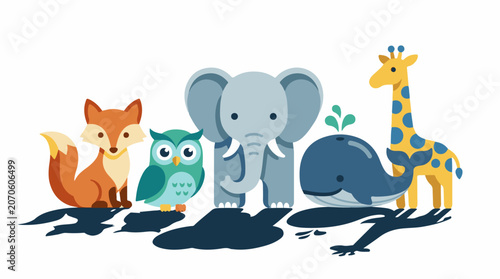 A colorful illustration of five animals, including a fox, owl, elephant, whale, and giraffe