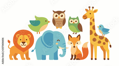 A colorful illustration of nine cartoon animals