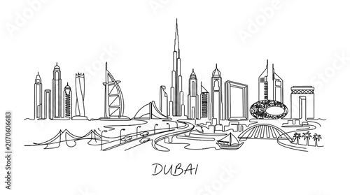 Minimalist Line Drawing Illustration of Dubai Skyline Featuring Iconic Skyscrapers and City Landmarks
