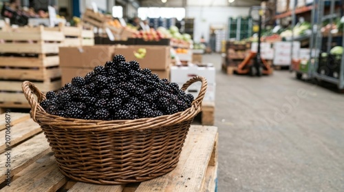 Fresh Blackberries in Wicker Basket at Market Stall.