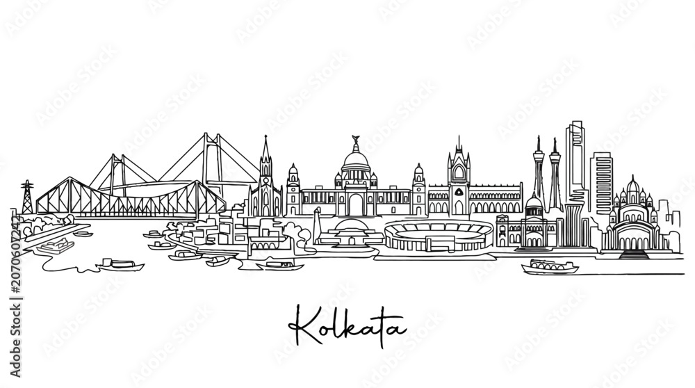 Obraz premium Minimalist Line Drawing of Kolkata Skyline Featuring Iconic Landmarks and Cityscape Aesthetic