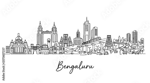 Minimalistic Black and White Line Drawing of Bangalore City Skyline Featuring Iconic Buildings and Urban Landscape