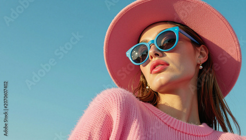 Woman in pink hat and sweater enjoys sunny day.