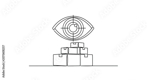 A large human eye containing a target-like pupil stares intently down at a organized stack of square shipping boxes rendered in continuous line art style.