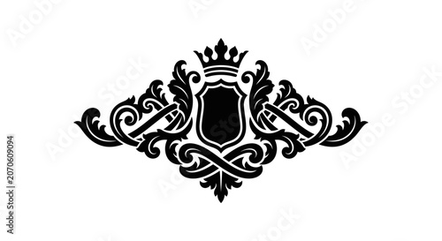 Elegant Black Heraldic Shield Emblem with Royal Crown and Ornate Floral Scrollwork.