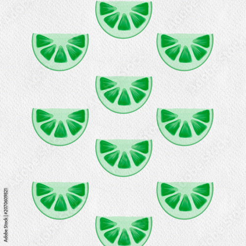Watercolor lime slices pattern isolated on white texture background