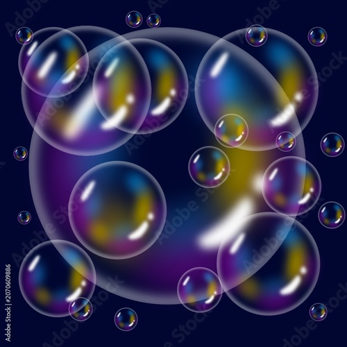 Realistic soap bubbles floating on a dark gradient background