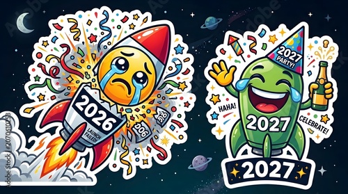 New year rocket characters failed launch and celebration illustration
