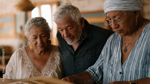 Multicultural urban neighborhood mural planning meeting replaced by a scene of a longstanding Puerto Rican social club interior where members sort through archival photographs of