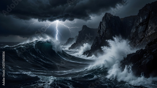 Bright lightning strike over dark mountain landscape