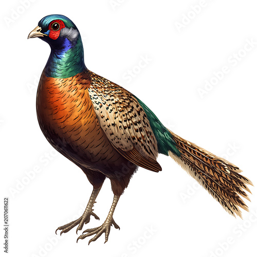 Pheasant Bird Isolated on White Background for T-Shirt Prints, Merchandise and Wildlife Design. High-quality realistic illustration featuring a magnificent pheasant with vibrant plumage