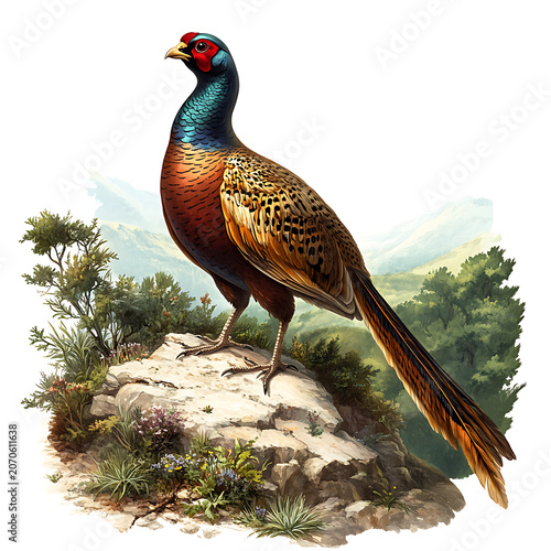 Pheasant Bird Isolated on White Background for T-Shirt Prints, Merchandise and Wildlife Design. High-quality realistic illustration featuring a magnificent pheasant with vibrant plumage